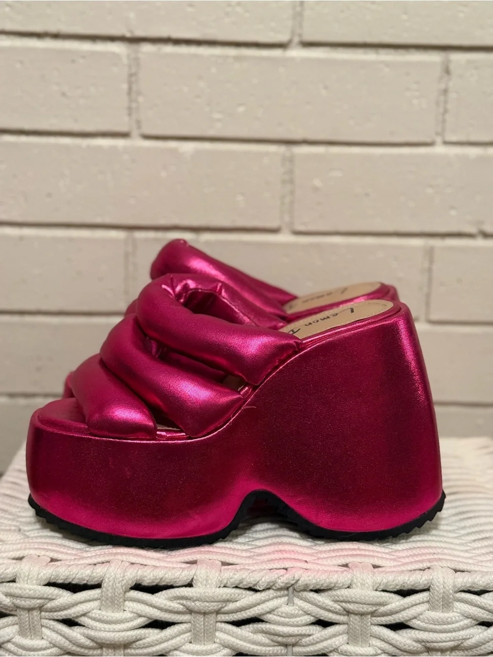 Dolls Kill Lemon Drop Metallic Fuchsia Padded Platform Slide Sandals
